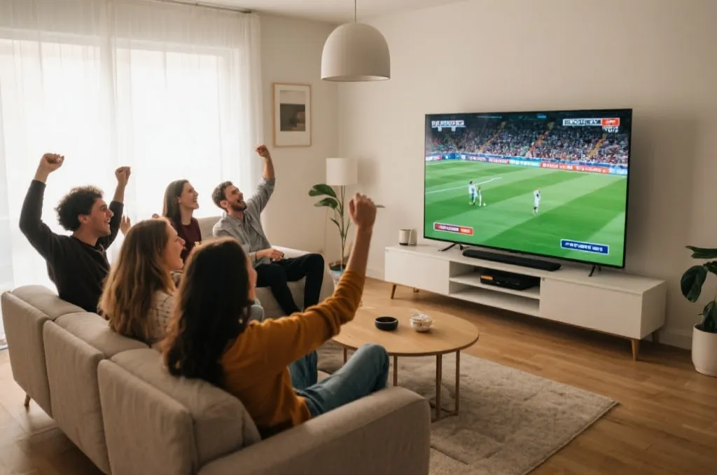 A wide-angle editorial shot of a modern living room with a large TV screen showing a soccer match, enthusiastic friends watching together, cozy atmosphere