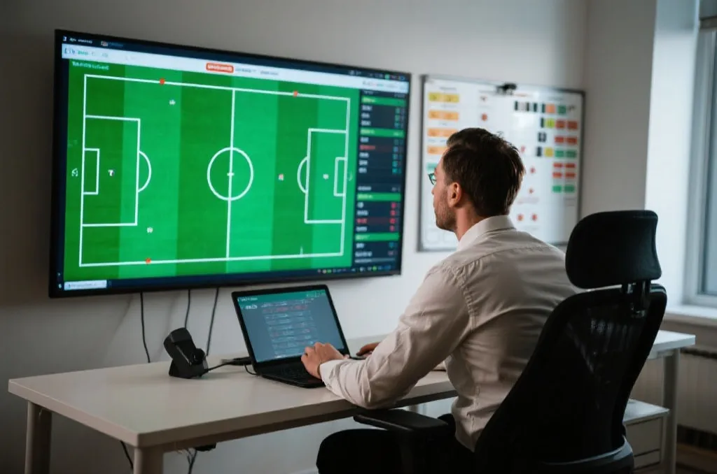 A professional sports analyst reviewing football match data on a large monitor, tactical board visualization