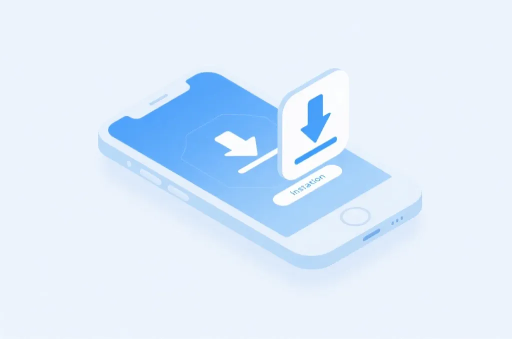 An elegant clean graphic illustration of a mobile app installation process with a download icon, minimalistic design, soft blue and tech theme